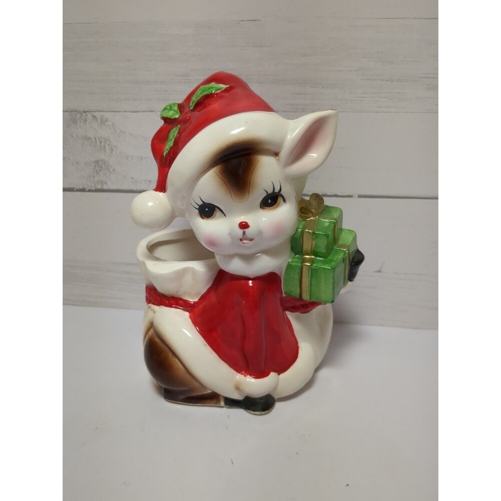 HTF Vintage Relpo Reindeer Deer with Santa Suit & Gifts Planter